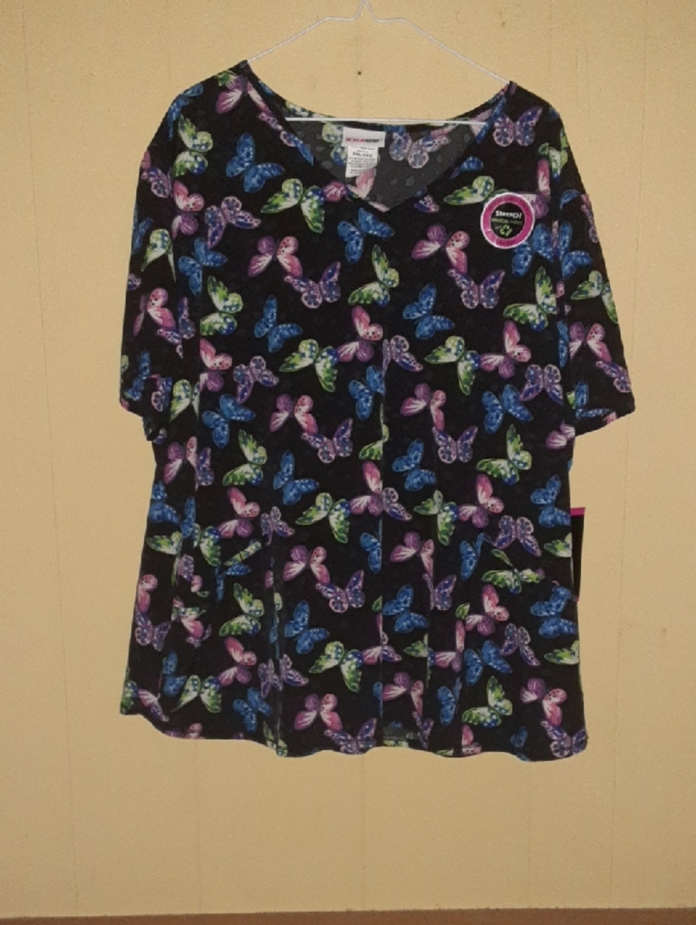 Scrubstar Black Scrub Top with Pink, Blue & Green Butterflies